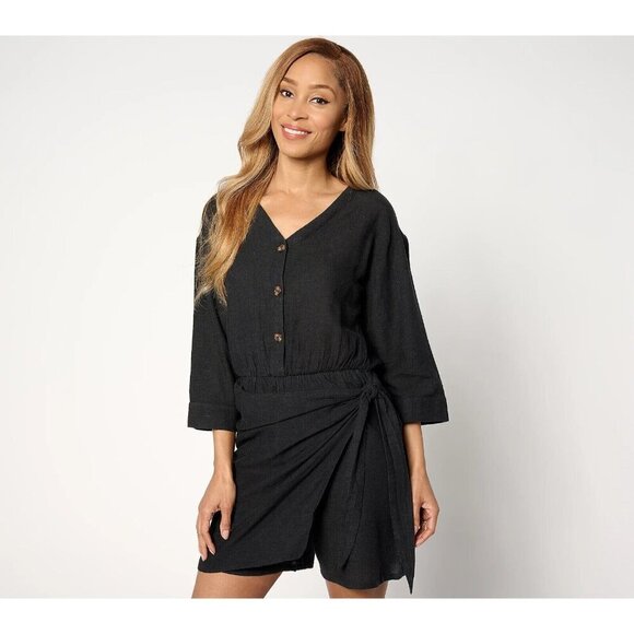AnyBody Regular Y-Neck Drop Shoulder Wrap Romper black medium - Picture 1 of 1